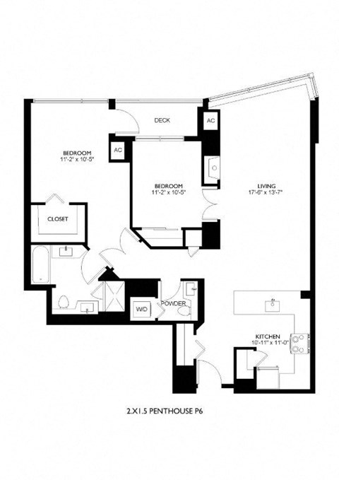 A black and white floor plan of a 2x1.5 penthouse.